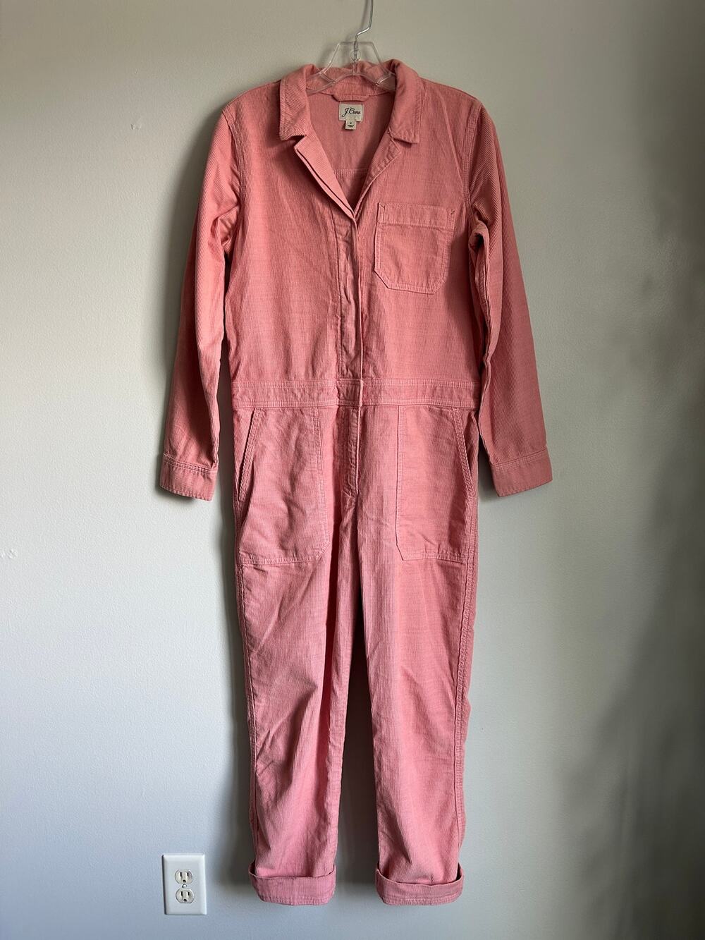 J Crew Pink Corduroy Cotton Button Down Long Sleeve Coveralls Jumpsuit Size 4